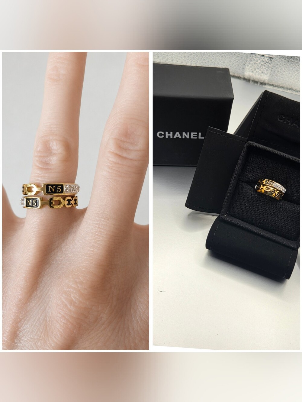 2 In 1 Gold Band Ring with Clear Crystals. Size 6